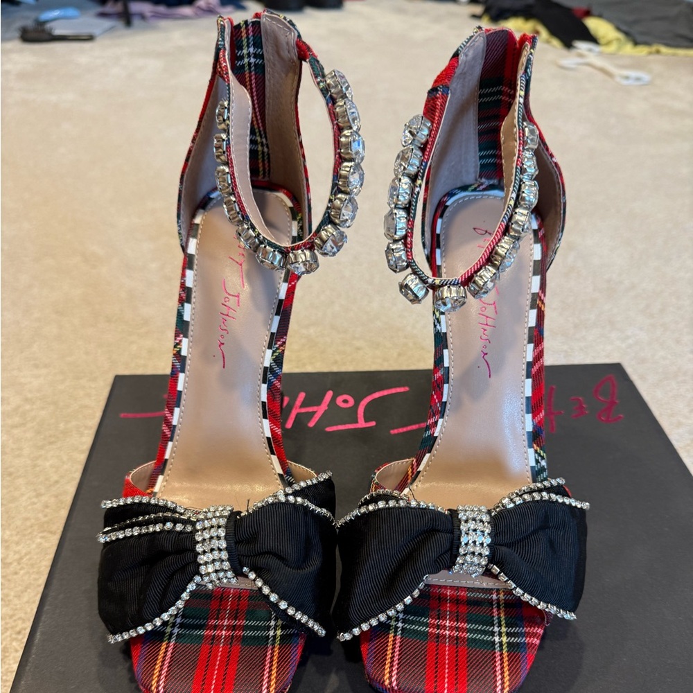 Betsy Johnson plaid print with Black Bow Heels